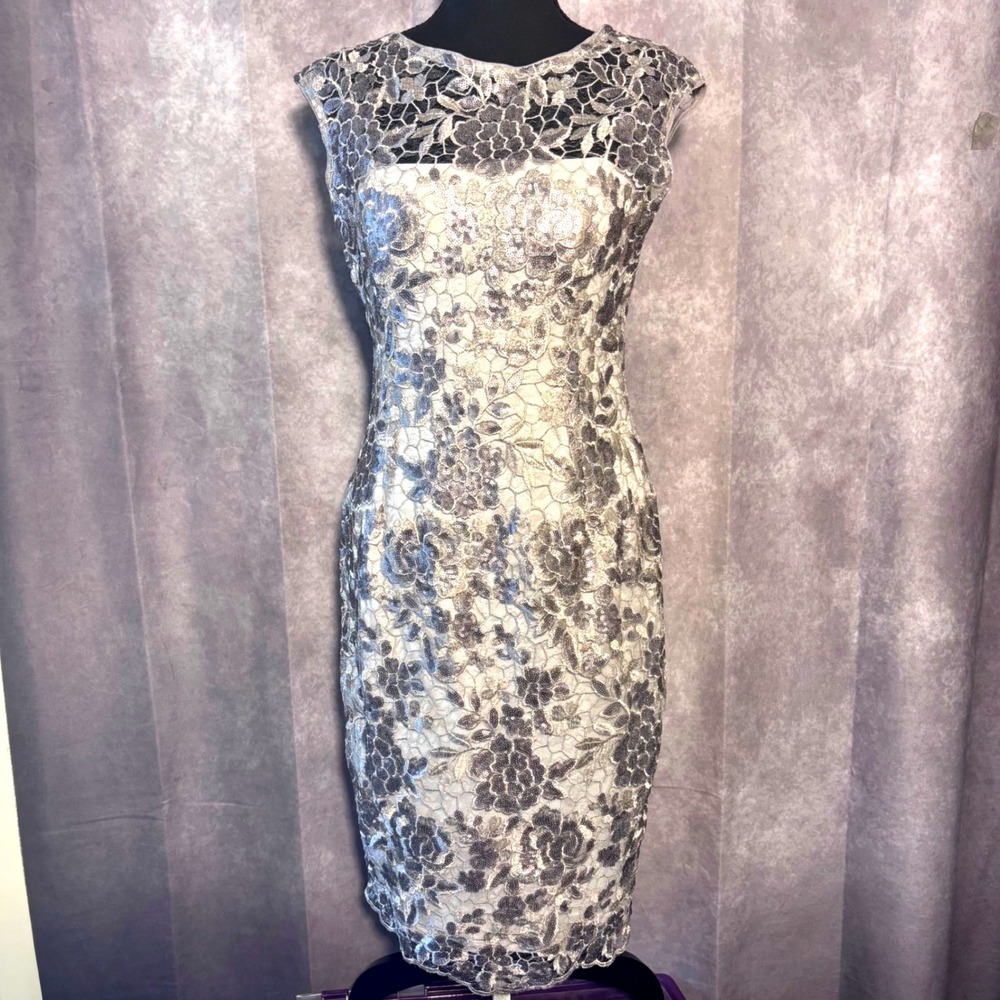 Adrianna Papell Sequin Lace Sheath Dress Womens Size 8 Beige Silver Wedding Glam